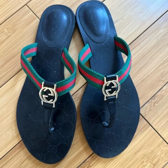 GG Black Sandals with Red and Green Straps - Picture 1 of 4